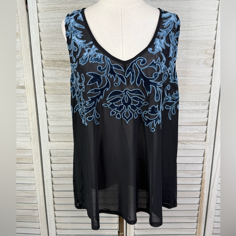 TORRID Black Sheer Mesh Tank with Blue Velvet Filigree Design-0X